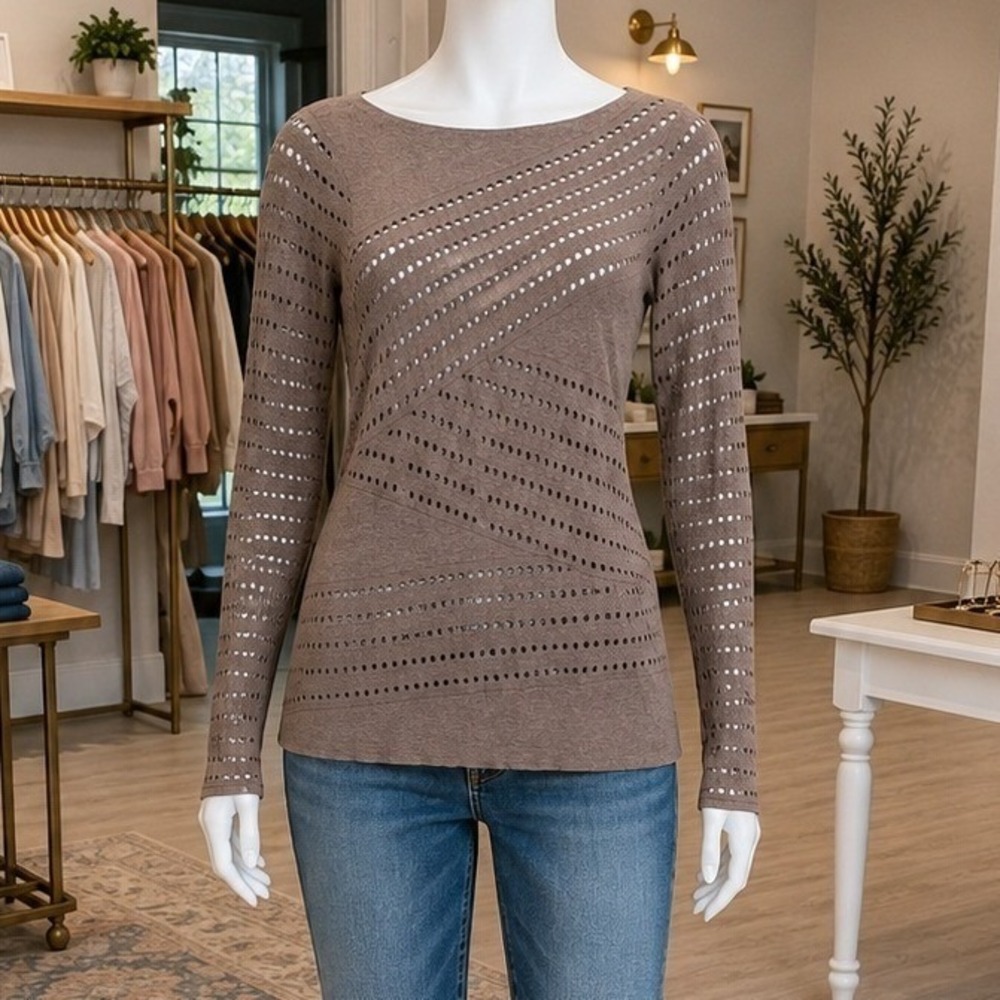 Bailey 44 Womens Top Brown Perforated Laser Cut Long Sleeve Size S